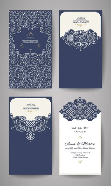 Hochzeitseinladung oder Grußkarte mit goldenem Blumenschmuck. Hochzeitseinladungsumschlag zum Laserschneiden. Vektorillustration. — Stockvektor