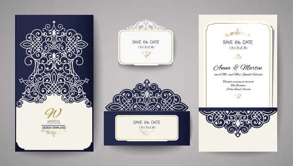 Приглашение на свадьбу или открытка с золотым цветочным орнаментом. Свадебный конверт для лазерной резки. Векторная иллюстрация . — стоковый вектор