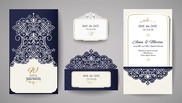 Convite de casamento ou cartão de saudação com ornamento floral dourado. Envelope convite de casamento para corte a laser. Ilustração vetorial . — Vetor de Stock