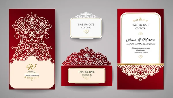 Invitación a la boda o tarjeta de felicitación con adorno floral dorado. Sobres de invitación de boda para corte por láser. Ilustración vectorial . — Vector de stock