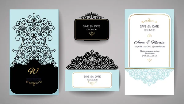 Convite de casamento ou cartão de saudação com ornamento floral dourado. Envelope convite de casamento para corte a laser. Ilustração vetorial . — Vetor de Stock