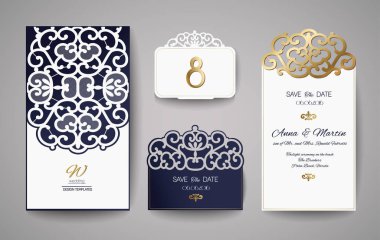 Düğün davetiyesi veya altın çiçek süsleme tebrik kartı. Lazer kesim için davetiye zarf düğün. Vektör çizim.