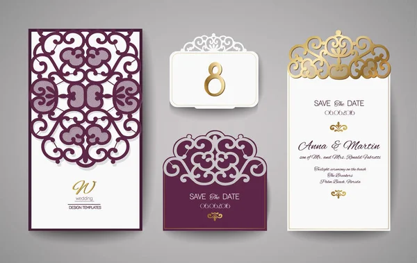 Convite de casamento ou cartão de saudação com ornamento floral dourado. Envelope convite de casamento para corte a laser. Ilustração vetorial . —  Vetores de Stock