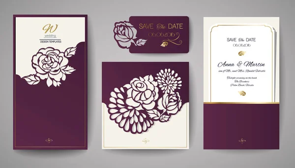 Conjunto de Boda Invitación Floral. Plantilla para corte por láser. Ilustración vectorial . — Vector de stock