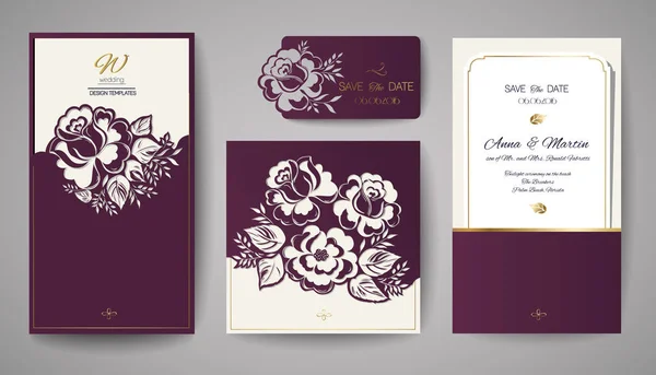 Set pernikahan Floral Invitation. Templat untuk pemotongan laser. Ilustrasi vektor . - Stok Vektor