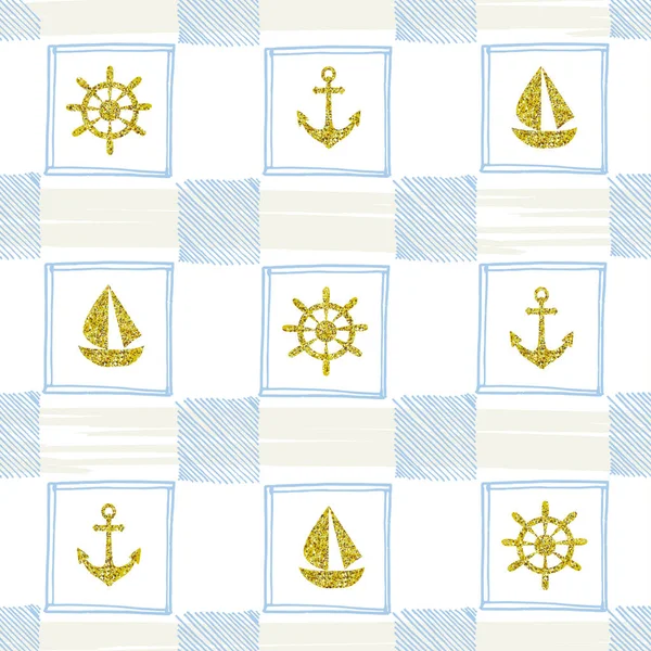 Modèle bleu et or dans le style marin. Vecteur — Image vectorielle