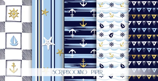 Ensemble de motifs marins et nautiques sans couture en blanc, or et bleu foncé. Illustration vectorielle . — Image vectorielle