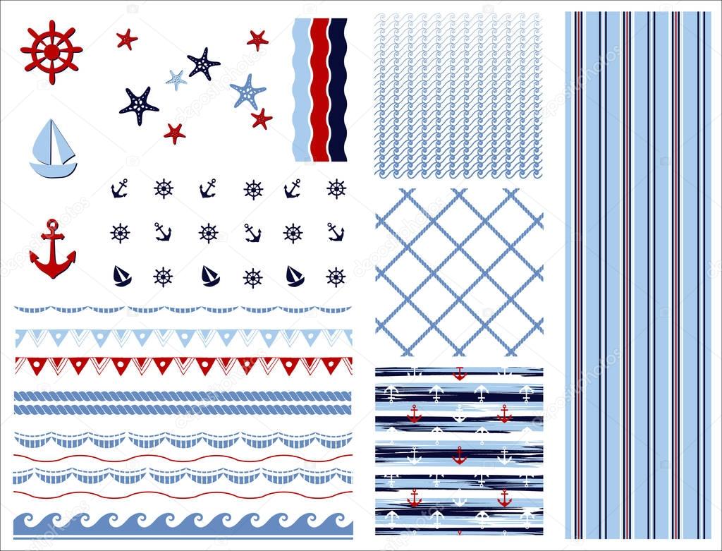 Set of marine and nautical backgrounds. Sea theme. Seamless patterns collection. Vector illustration.