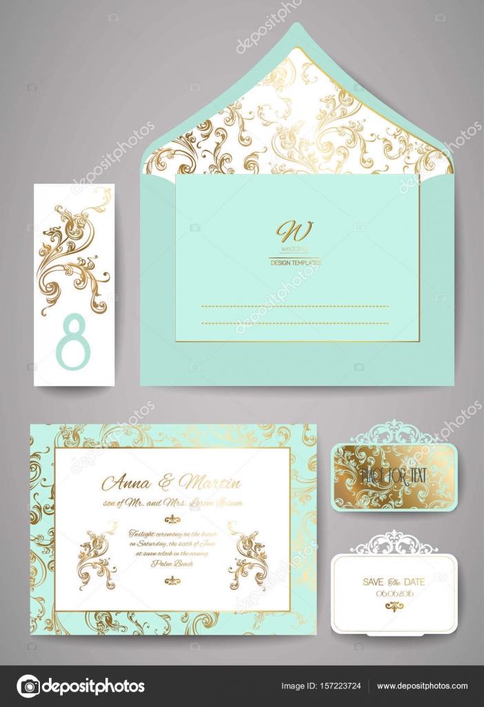 set of template wedding invitation and envelope with floral golden