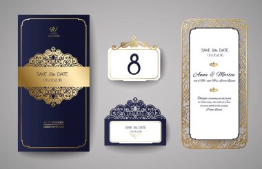 Düğün davetiyesi Vintage kümesi. Lazer kesim için şablon. Vektör çizim.