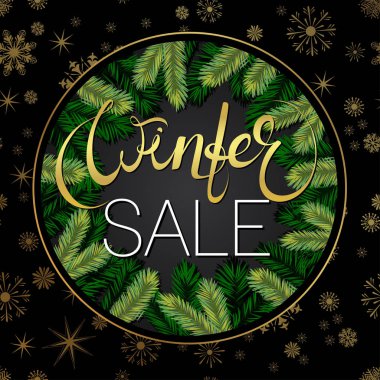 Kış satışı büyük başlığı. Arka plan ağaç dalları ve kar taneleri ile. Vektör