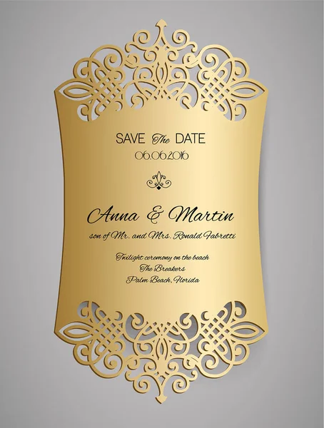 Invitation de mariage ou carte de vœux avec ornement floral doré. Enveloppe d'invitation de mariage pour découpe laser . — Image vectorielle