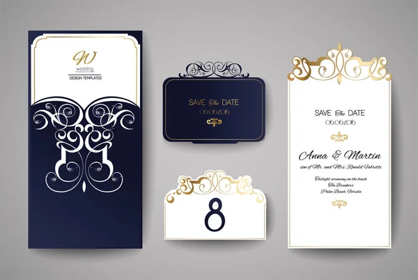 Hochzeitseinladung oder Grußkarte mit goldenem Blumenschmuck. Umschlag für Hochzeitseinladungen zum Laserschneiden. — Stockvektor