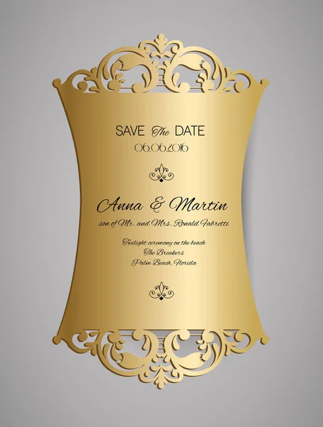 結婚式招待状やグリーティング カード ゴールドの花飾り。結婚式のレーザー切断のための招待状の封筒. — ストックベクタ