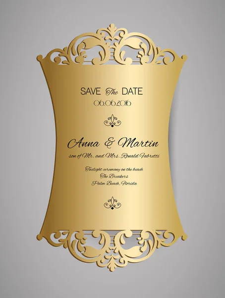 Invito di nozze o biglietto di auguri con ornamento floreale in oro. Busta invito matrimonio per taglio laser . — Vettoriale Stock