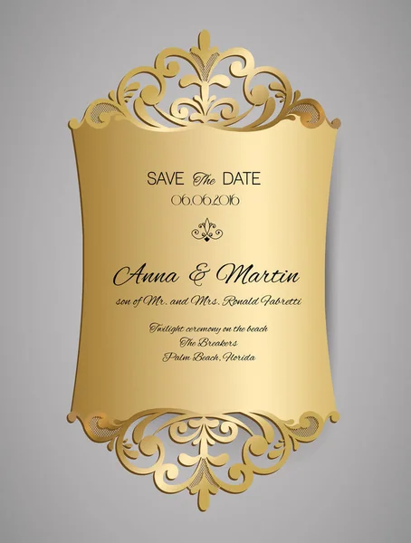 Svatební oznámení nebo pohlednici s zlaté vegetabilní ornament. Svatební pozvání obálek pro laserové řezání. Stock Vektory