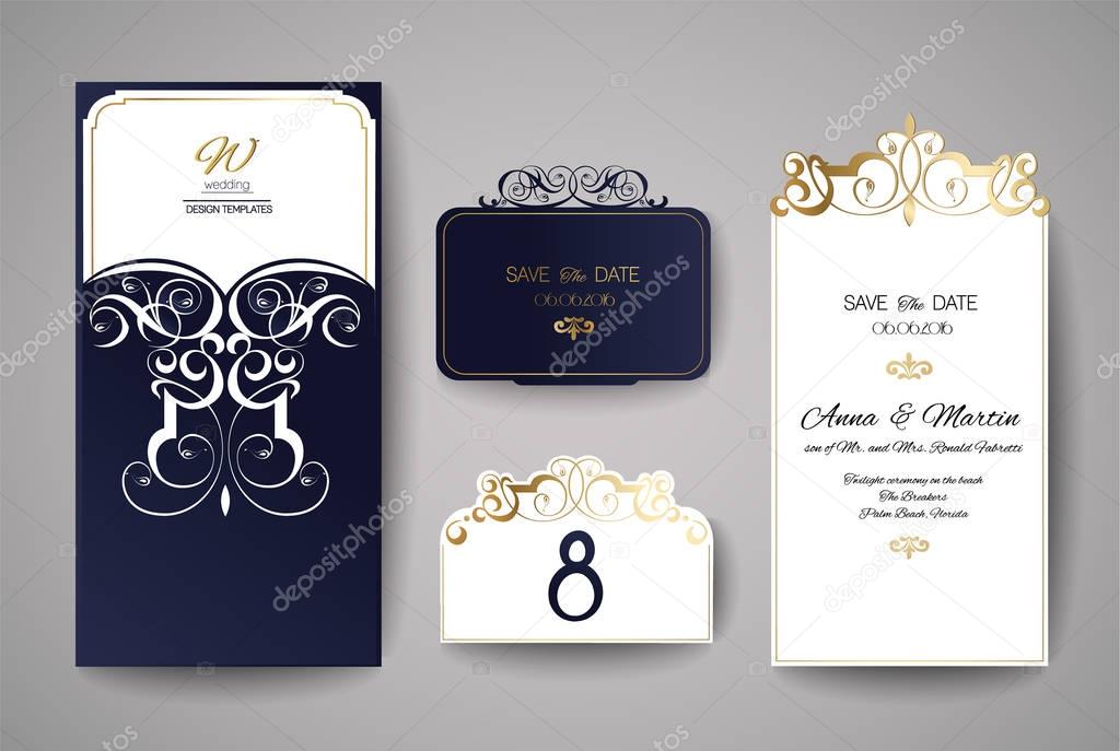 Wedding invitation or greeting card with gold floral ornament. Wedding invitation envelope for laser cutting.