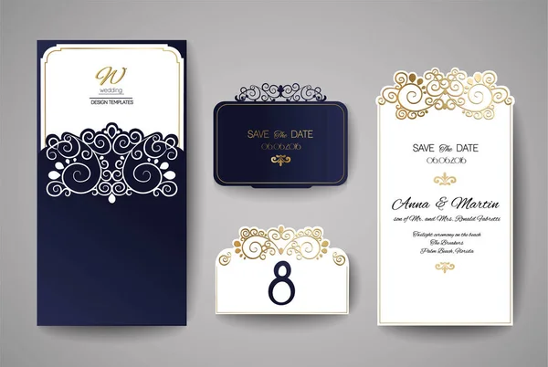 Hochzeitseinladung oder Grußkarte mit goldenem Blumenschmuck. Umschlag für Hochzeitseinladungen zum Laserschneiden. — Stockvektor