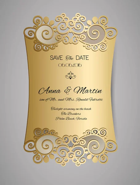 Svatební oznámení nebo pohlednici s zlaté vegetabilní ornament. Svatební pozvání obálek pro laserové řezání. Stock Ilustrace