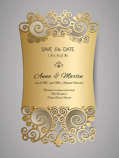 Svatební oznámení nebo pohlednici s zlaté vegetabilní ornament. Svatební pozvání obálek pro laserové řezání. Royalty Free Stock Ilustrace
