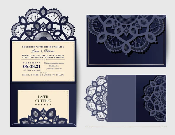 Hochzeitseinladung oder Grußkarte mit goldenem Blumenschmuck. Hochzeitseinladungsumschlag zum Laserschneiden. Vektorillustration. — Stockvektor