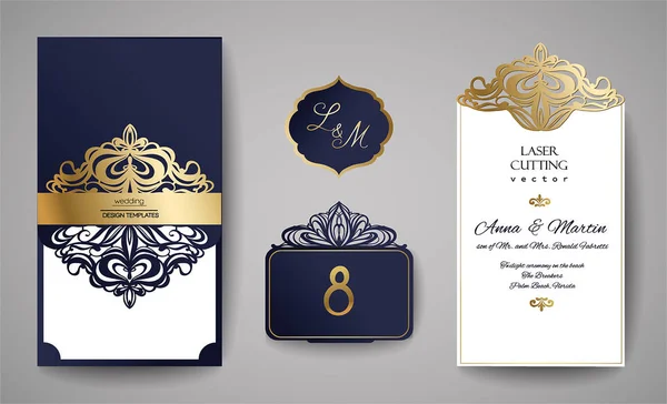 Esküvői meghívó vagy üdvözlés kártya-val arany virág dísz. Esküvői meghívó boríték a Lézervágás. Vektoros illusztráció. — Stock Vector