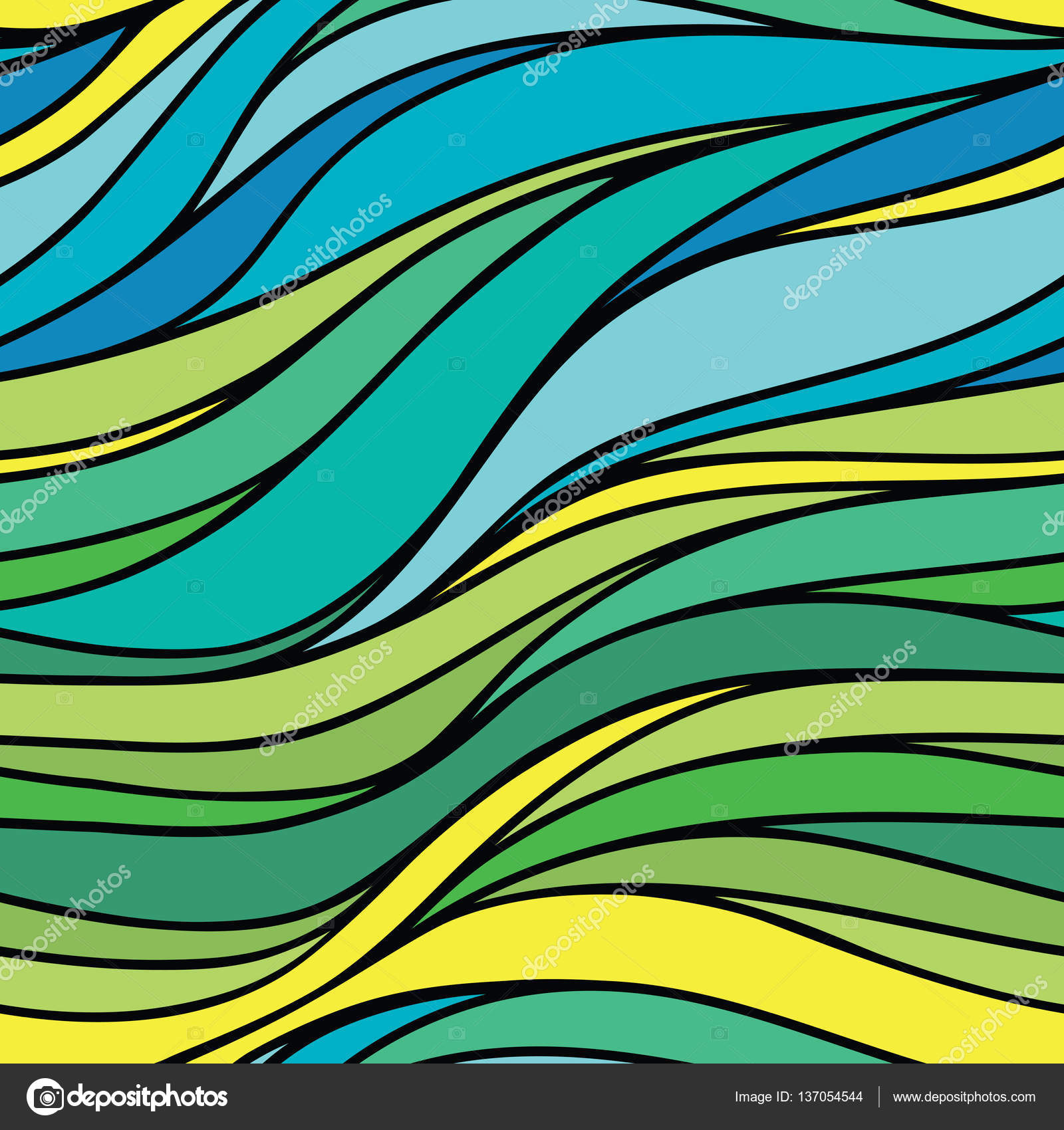 Fond de mer Vector couleur main dessin vague sans soudure Bleu et — Image