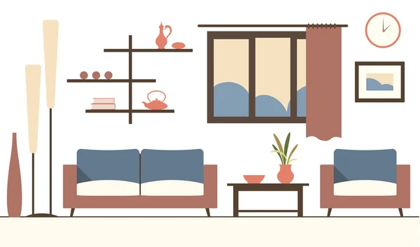 Vektorové barevný vnitřek kreslený minimalistický moderní obývací pokoj — Stockový vektor