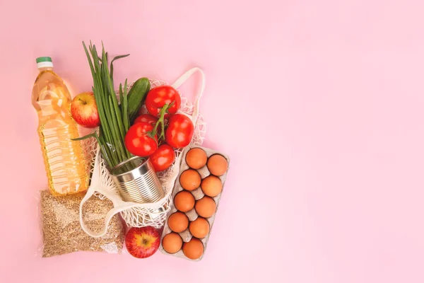 Lebensmittelverpackungen Auf Rosa Hintergrund Quarantäne Essenslieferung Nach Hause Flatlay Mit — Stockfoto