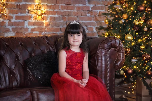 Cute Little Girl Red Dress Sitting Sofa Front Christmas New — Stock Photo, Image