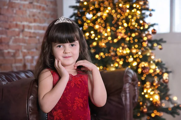 Closeup Cute Little Girl Red Dress Looking Camera Front Christmas — Stock Photo, Image