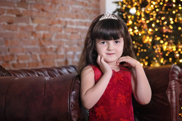 Cute Little Girl Red Dress Looking Camera Front Christmas New — Stock Photo, Image