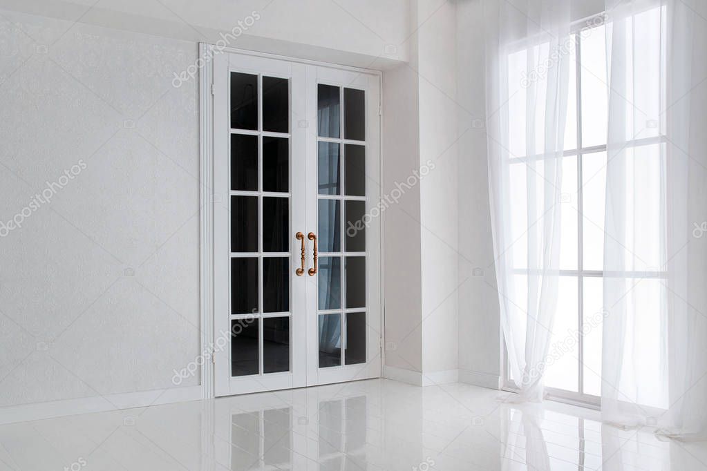 Empty white room with big window and glass french door 
