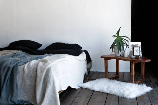 Closeup of industrial loft interior of a bedroom