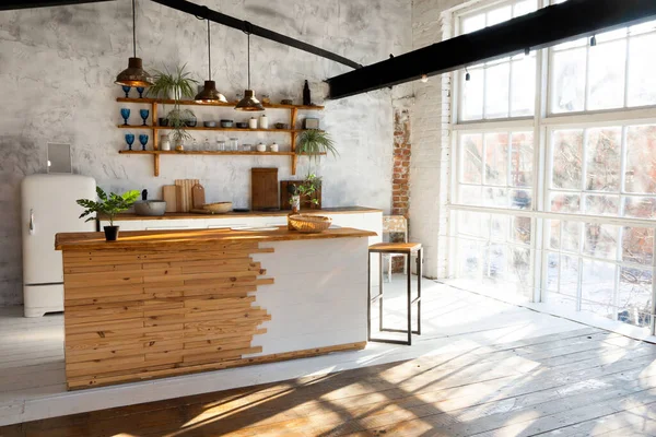 Spacious Loft Industrial Open Space Kitchen Studio Interior Big Windows — Stock Photo, Image