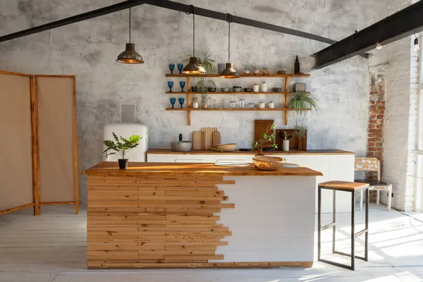 Espaçoso Loft Industrial Espaço Aberto Cozinha Estúdio Interior Com Grandes — Fotografia de Stock
