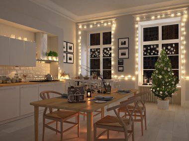 Nordic mutfak gece Noel dekorasyonu ile. 3D render