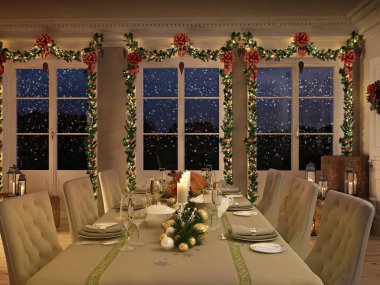 Nordic diner tablo gece Noel dekorasyonu ile. 3D render