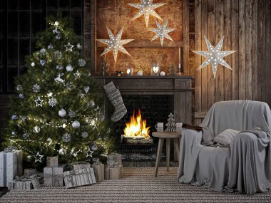 Noel iç firelace ve christmastree ile rahat. 3D render