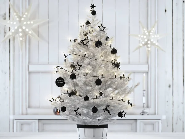 Black Friday Weihnachtskugel hängt an einem Weihnachtsbaum. 3D-Darstellung — Stockfoto