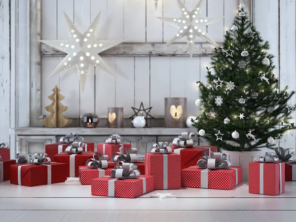 Hermoso regalo con adornos de Navidad. renderizado 3d — Foto de Stock