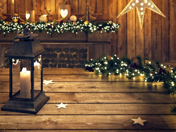 Table en bois de Noël avec lanterne et ornement. RENDEMENT 3D — Photo