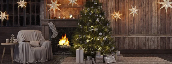 Weihnachtsstrumpf auf Kamin Hintergrund. 3D-Darstellung — Stockfoto
