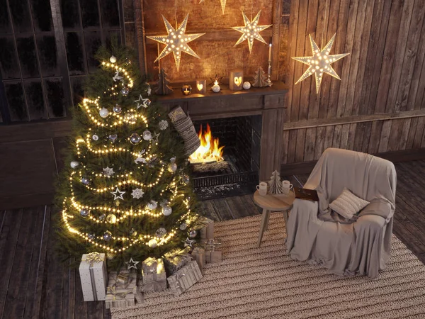 Medias de Navidad en el fondo de chimenea. renderizado 3d — Foto de Stock