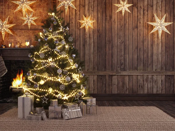 Medias de Navidad en el fondo de chimenea. renderizado 3d — Foto de Stock