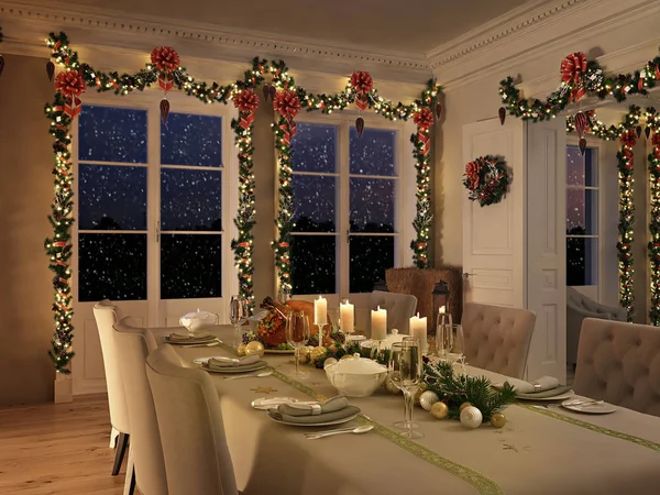 Mesa de comedor nórdica con decoración navideña por la noche. renderizado 3d — Foto de Stock