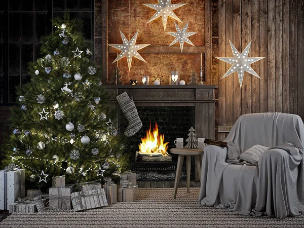 Przytulne wnętrze Boże Narodzenie z firelace i choinką. renderowania 3D — Zdjęcie stockowe