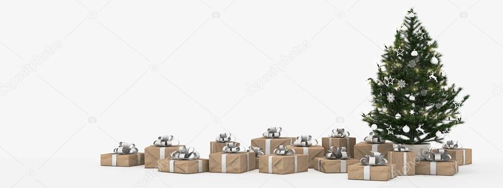 christmas tree with presents isolated on white. 3d rendering
