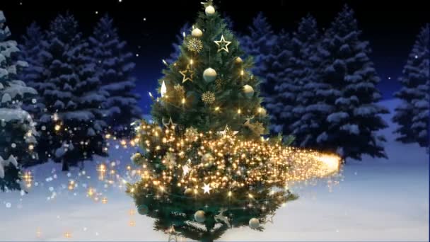 3D-weergave van een glanzende kerstboom in het bos. merry christmas-concept — Stockvideo