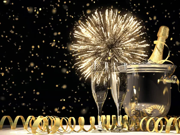 Due bicchieri con champagne e bottiglia. rendering 3d — Foto Stock